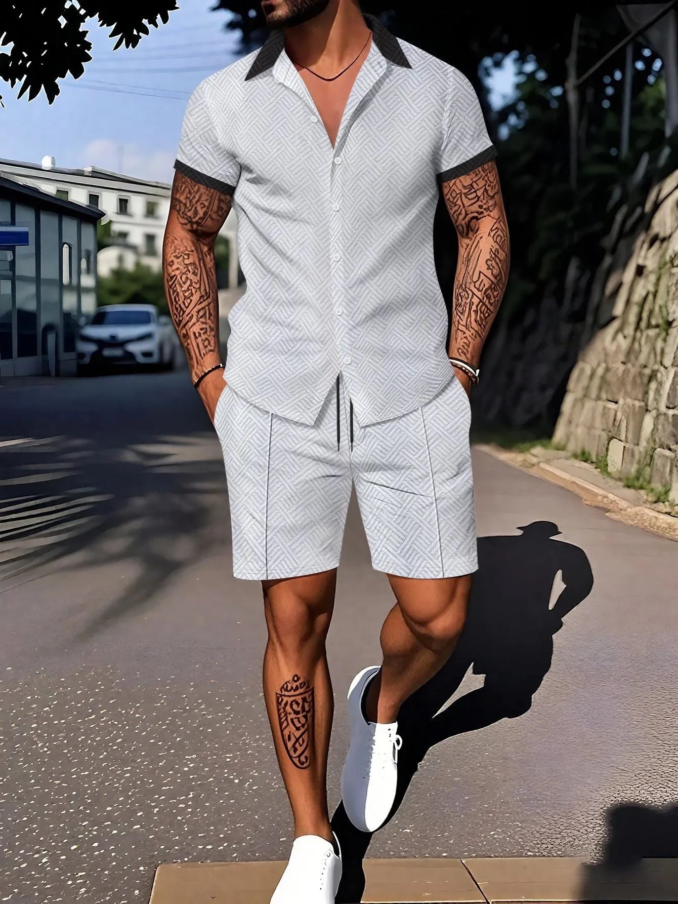 Men's digital printing short sleeve suit set with coordinating shorts in cotton blend fabric