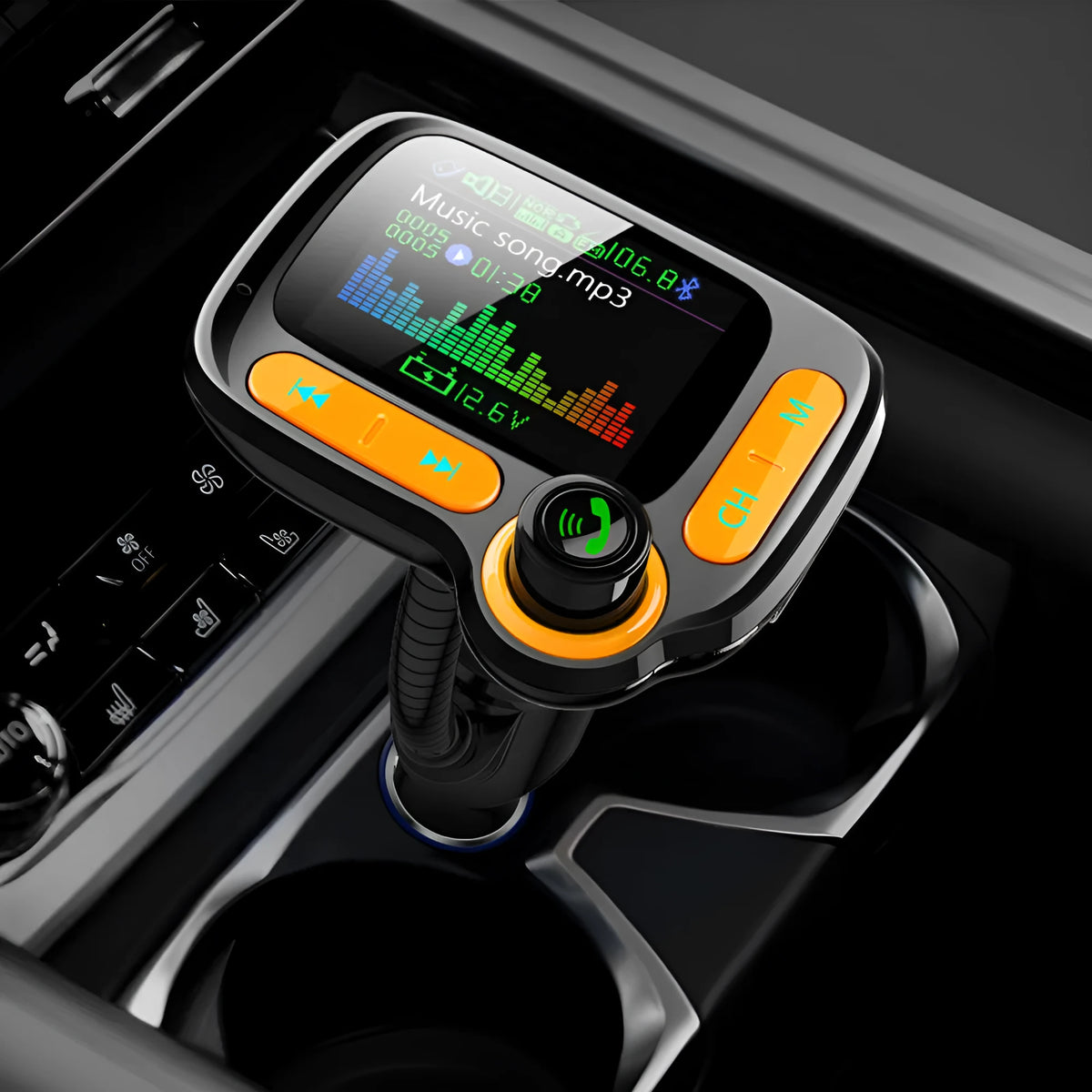 Car Bluetooth multi-function player with 1.77 inch colour screen, QC 3.0 dual USB port, and 360° hose.