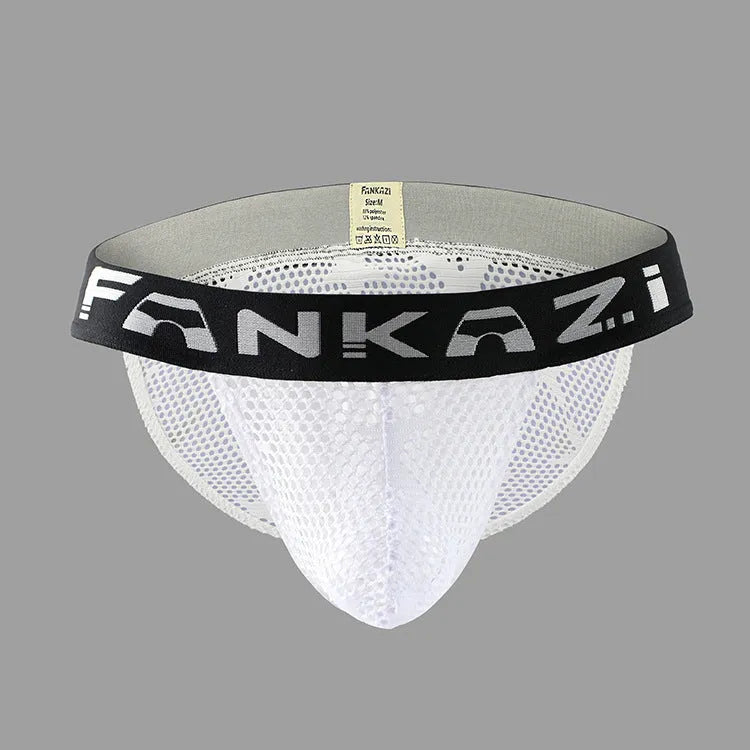 Men's white mesh breathable briefs with high fork design and low waist polyester construction