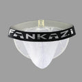 Men's white mesh breathable briefs with high fork design and low waist polyester construction