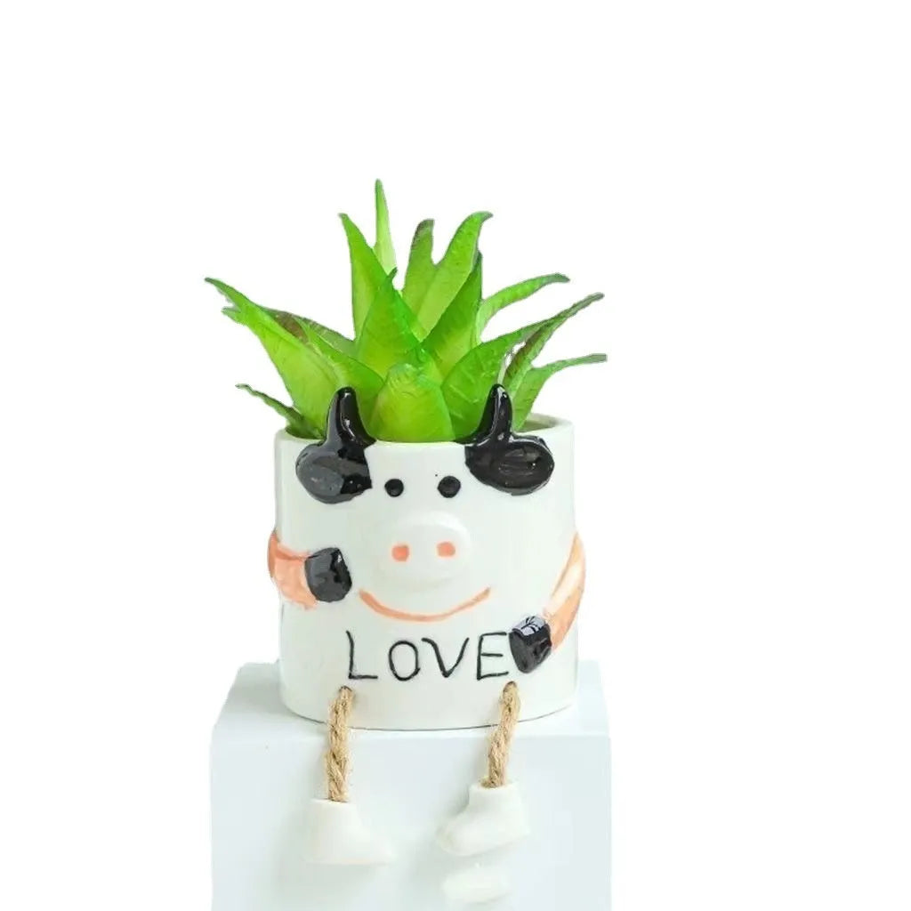Ceramic hanging foot flowerpot with cartoon design for succulent plants on desktop