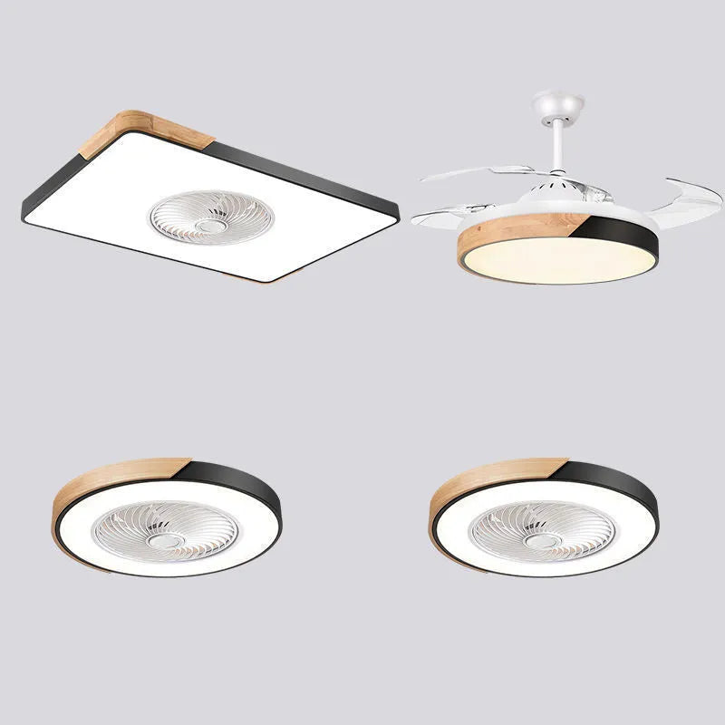 Nordic style ceiling fan with integrated light fixture in a solid wood housing, shown in rectangular, round, and square size options.