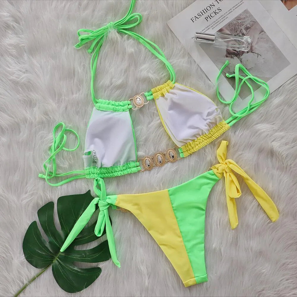Women's crystal diamond bikini with patchwork bandage split design in nylon fabric