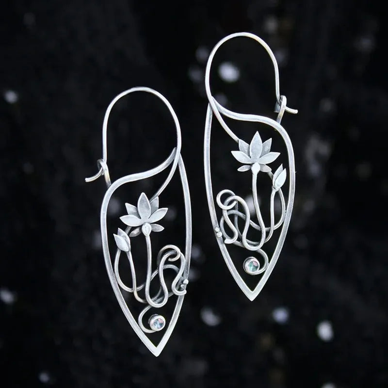 Silver lotus vine earrings with geometric retro design and round elements for women