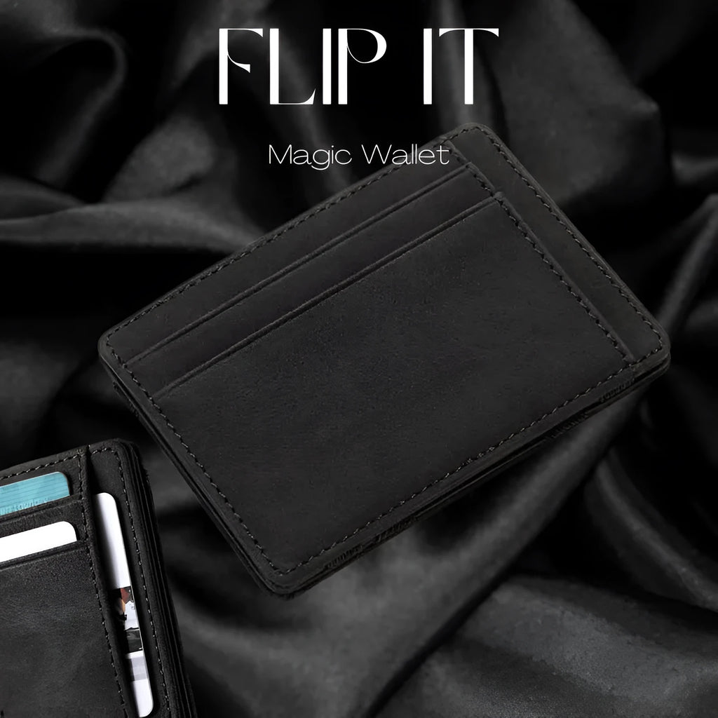 PU leather magic wallet showing flip card holder design with zipper coin compartment in black colour