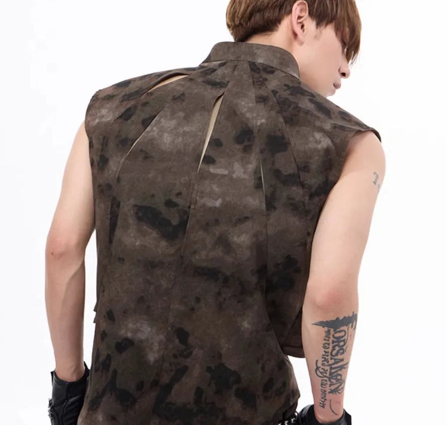 American retro camouflage denim vest and pants set with semi-high collar