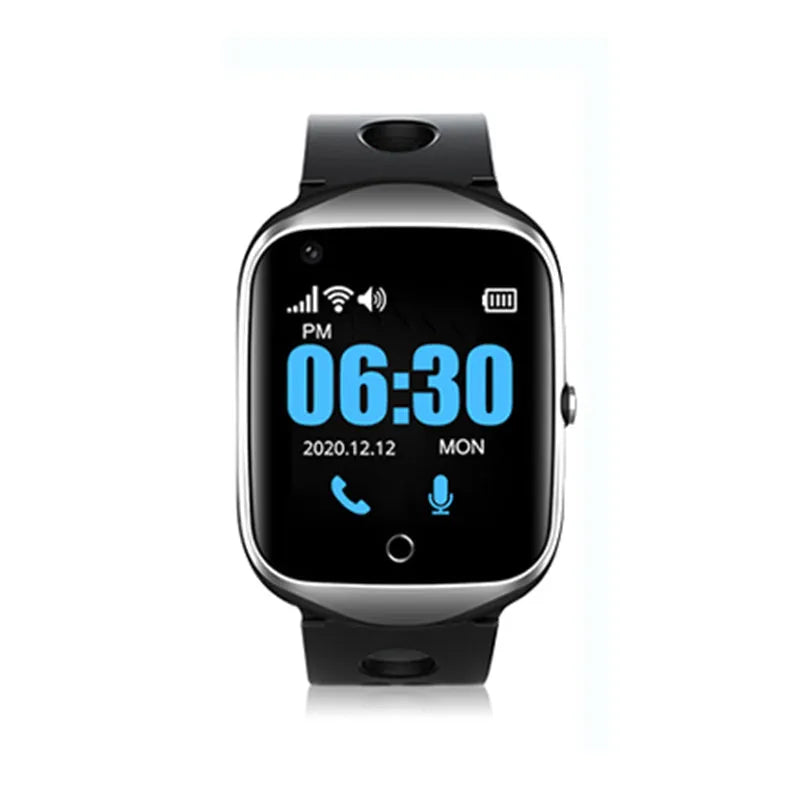 Black elderly safety watch with square 1.3-inch screen showing GPS tracking interface