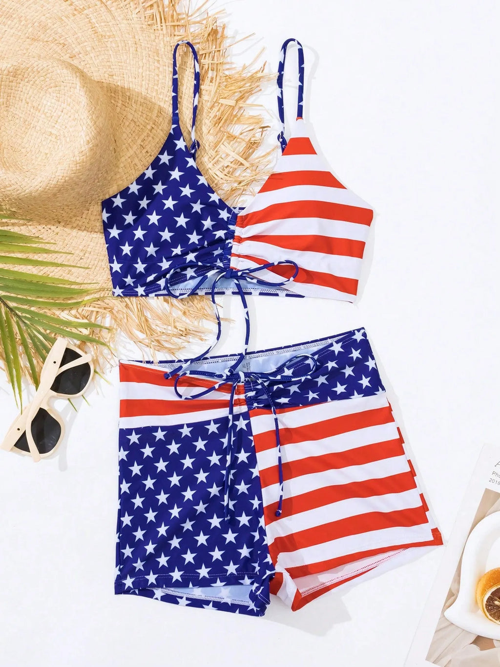 Women's high waist boxer style swimsuit with drawstring and stars and stripes pattern