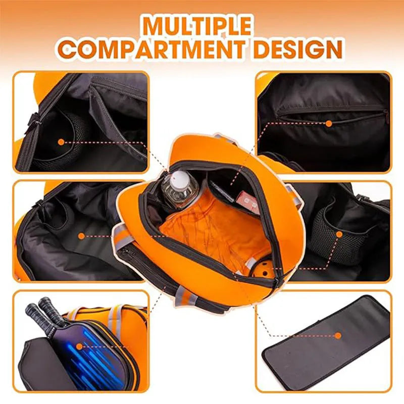 Neoprene Oak sports bag with dry wet separation, large capacity, and colour options including orange, black, and camouflage green