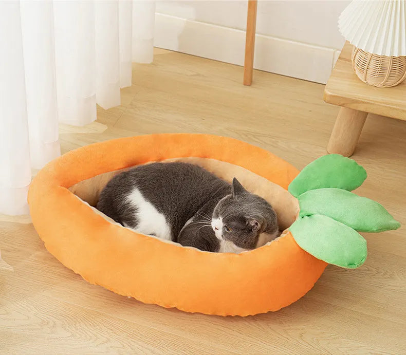 Carrot-shaped nesting dog bed with washable blanket for small or medium-sized pets