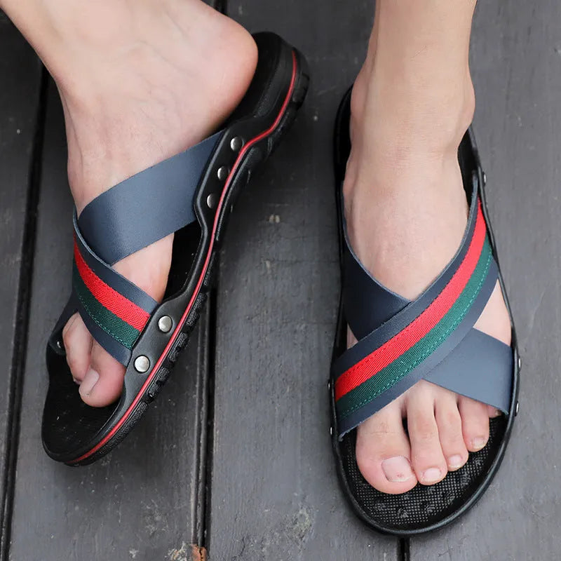 Men's cowhide flip-flops with non-slip PU soles in white, blue, and black colours, sizes 38-48.