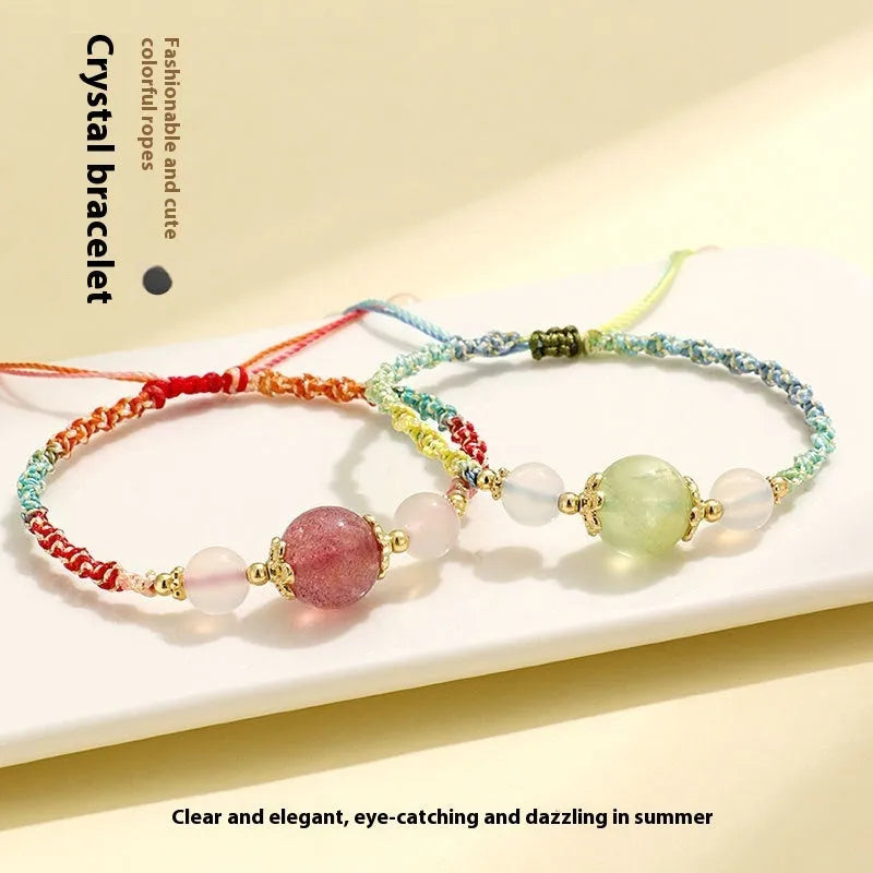 Hand-woven women's bracelet with white agate and a choice of strawberry quartz, pink crystal, or prehnite centre bead.