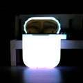 Luminous blue silicone flip-open protective case for Apple AirPods with a detachable hand strap attached.