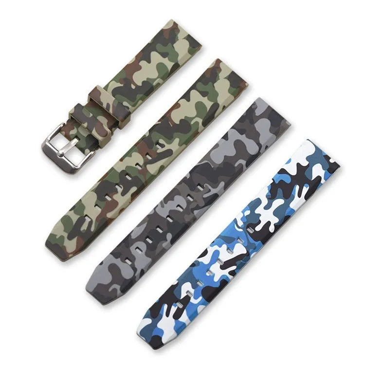 Camouflage silicone watch strap in blue, gray, or green with universal flat head design