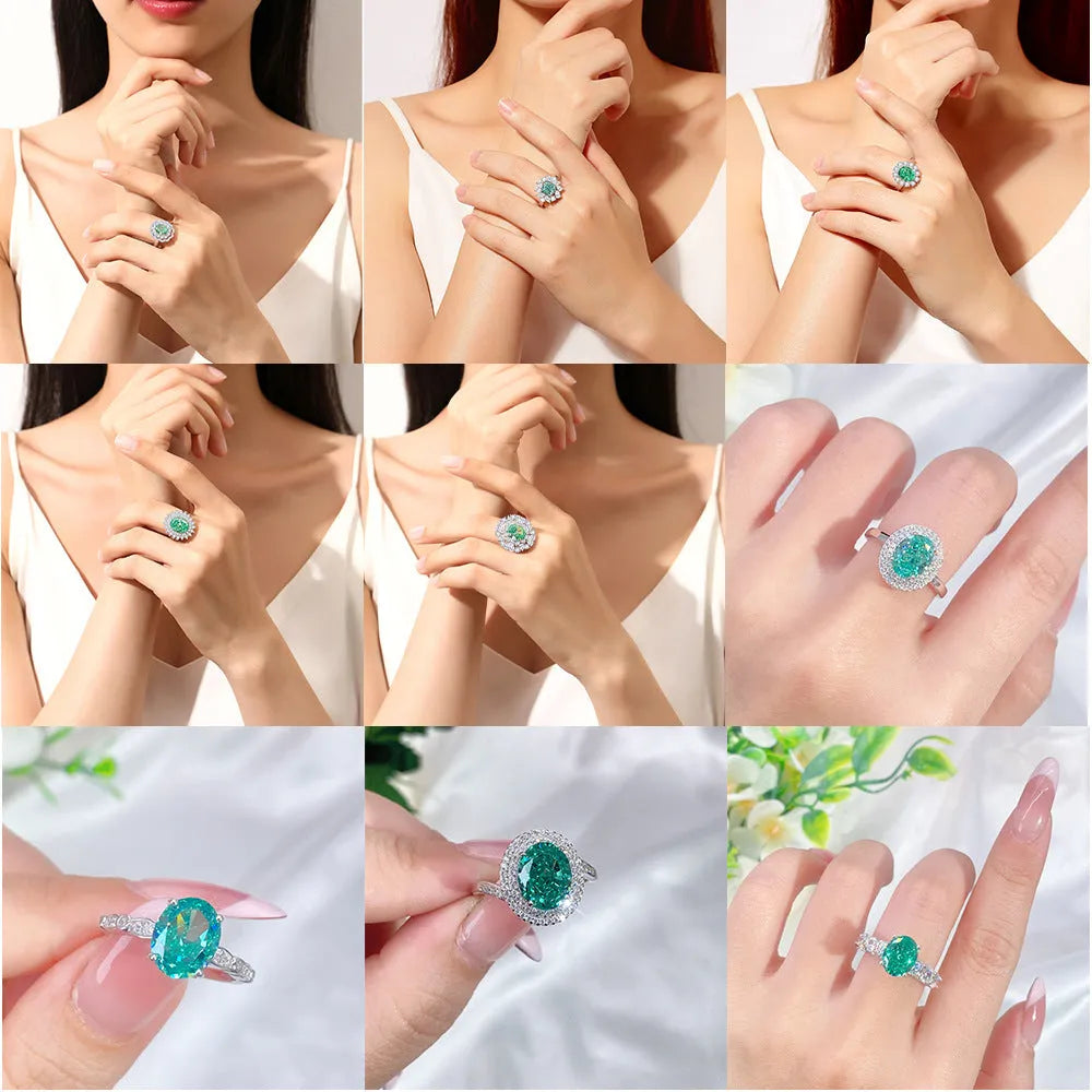 S925 sterling silver emerald ring with geometric shape and high carbon diamond inlay, showing elliptical design.