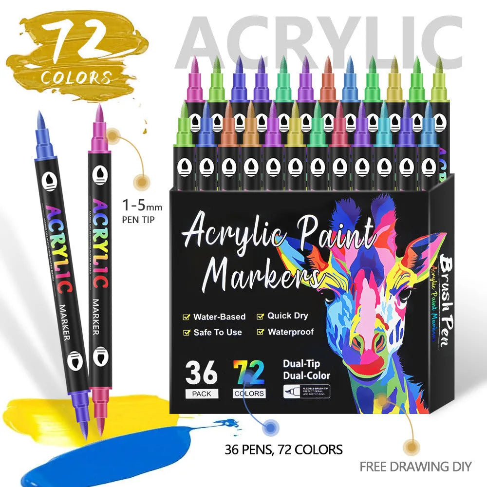 Set of double-headed acrylic marker pens with washable, opaque quick-drying ink in various colours.