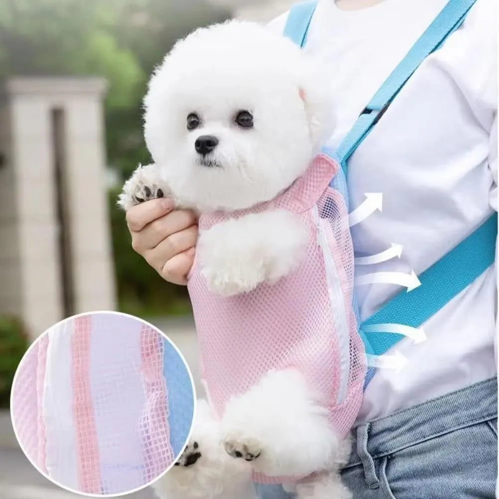 Furry Pawsy pet carrier backpack with leg holes, adjustable straps and mesh, front chest carrier for cats and dogs