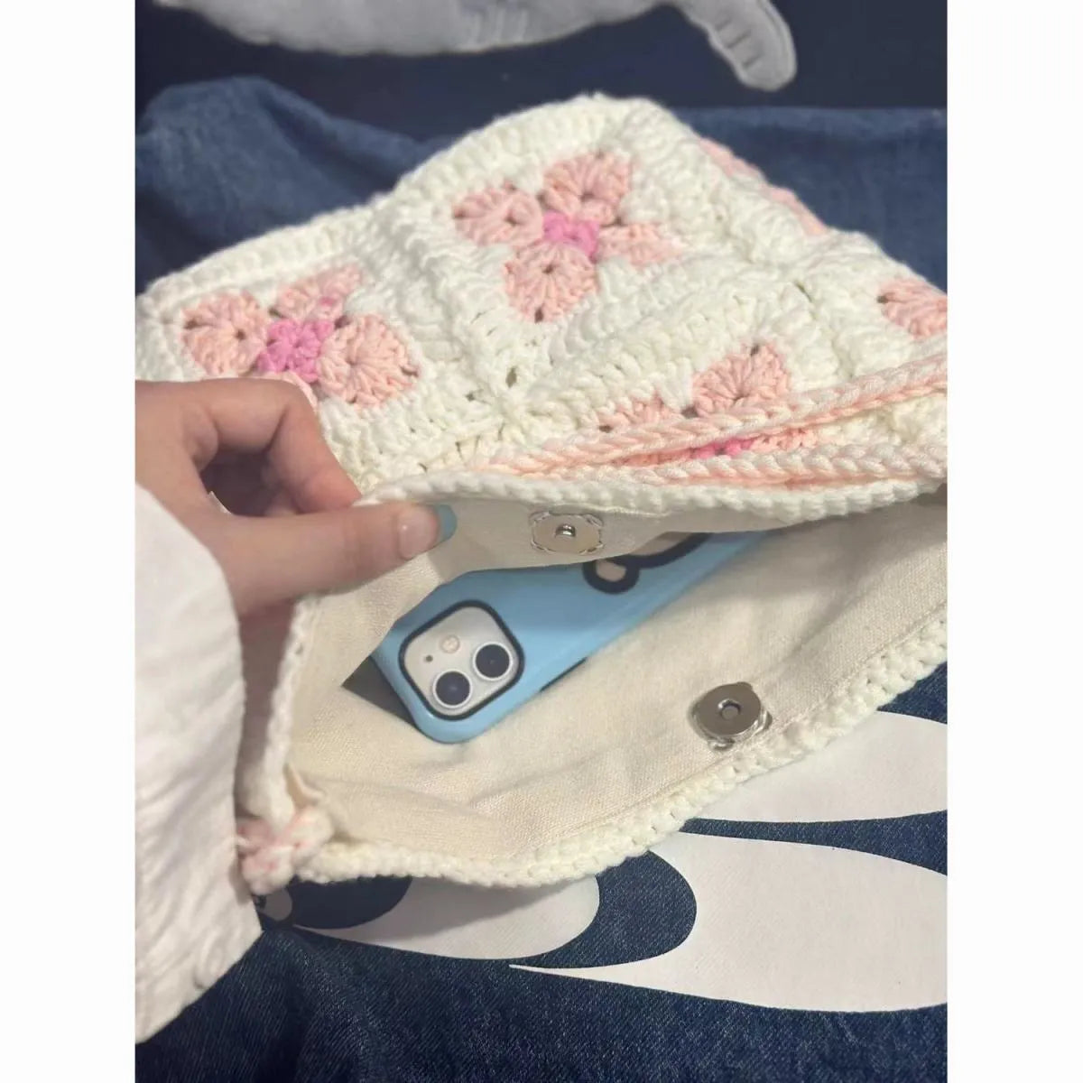 Handmade cotton crochet cherry blossom handbag with magnetic buckle closure in green or pink
