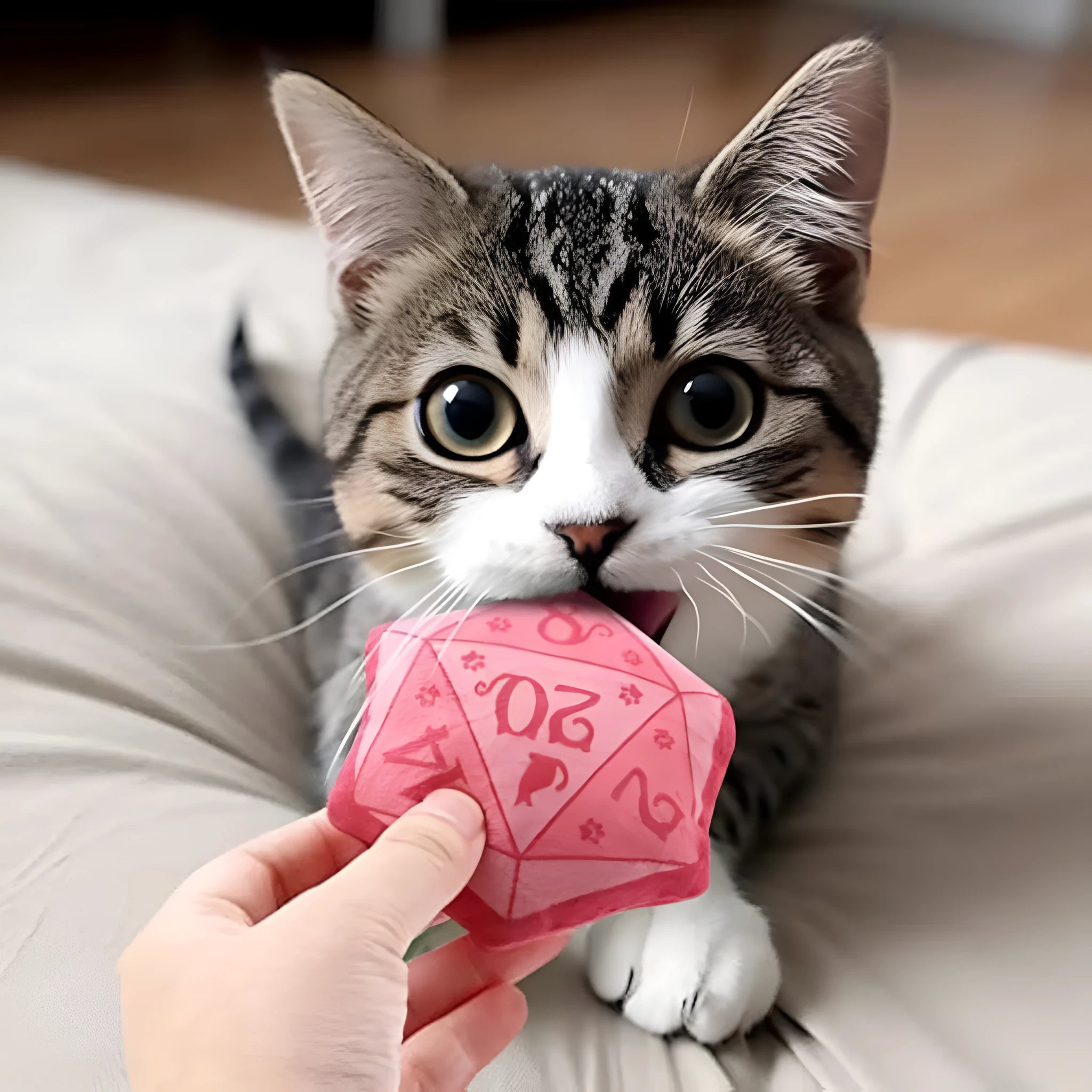 Dice-shaped plush cat toy in various colours with D&D design for feline play