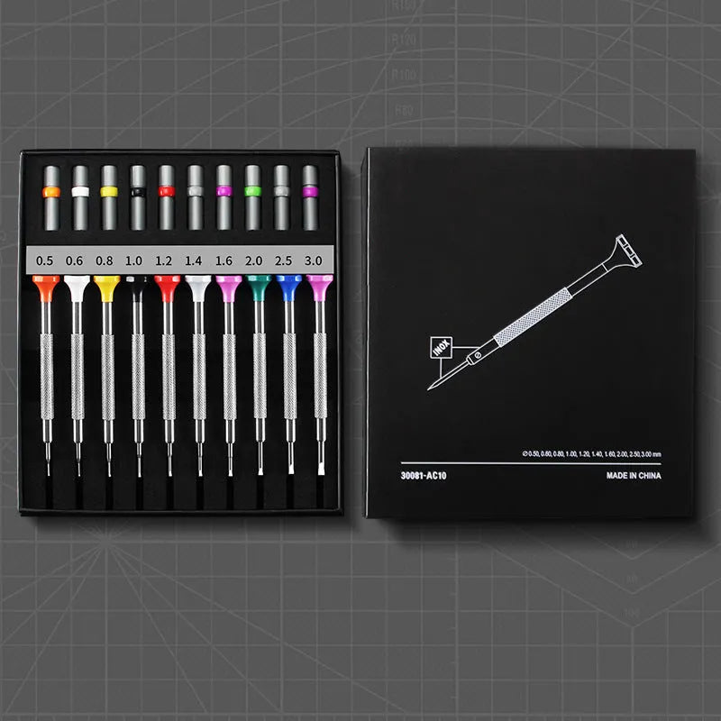 10-piece manual screwdriver set for watch and glasses repair with spare drill bits.