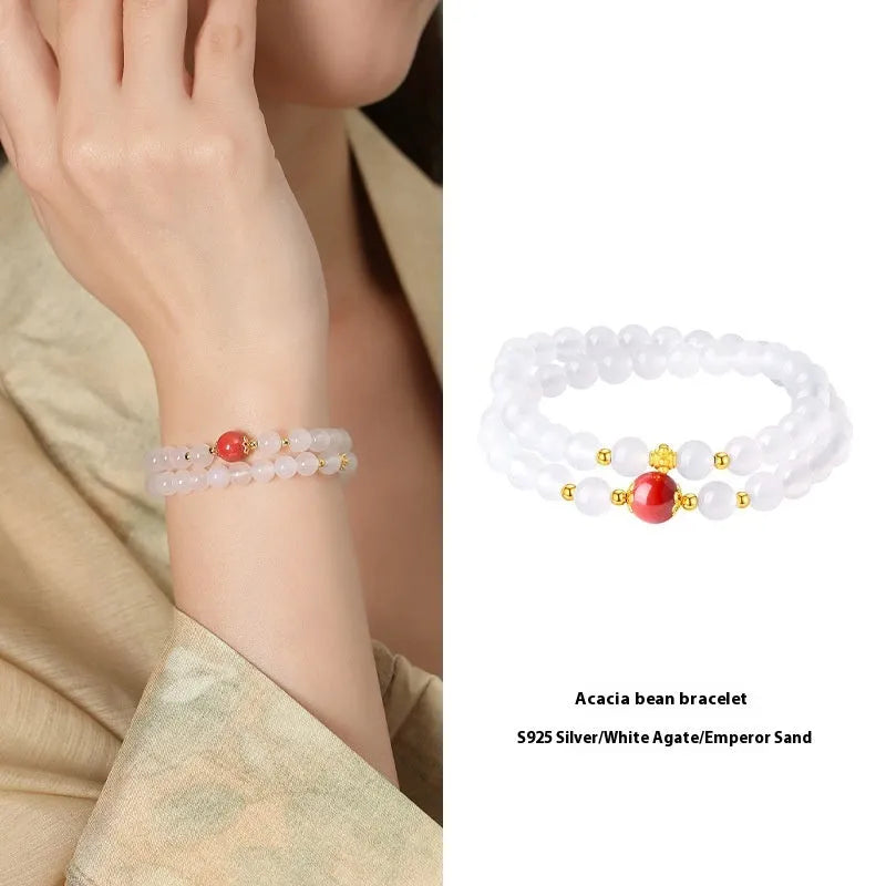 Women's double-layer white agate and jequirity bean cinnabar bracelet with 6mm geometric beads