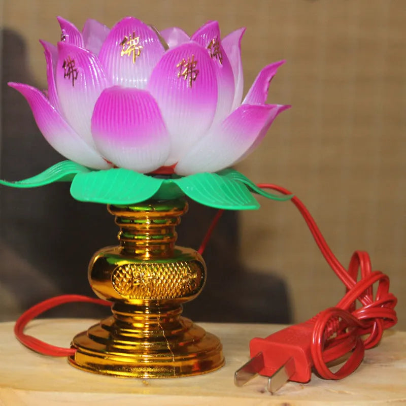 Buddha worship lamp with lotus design and colourful light, plug-in electric altar light
