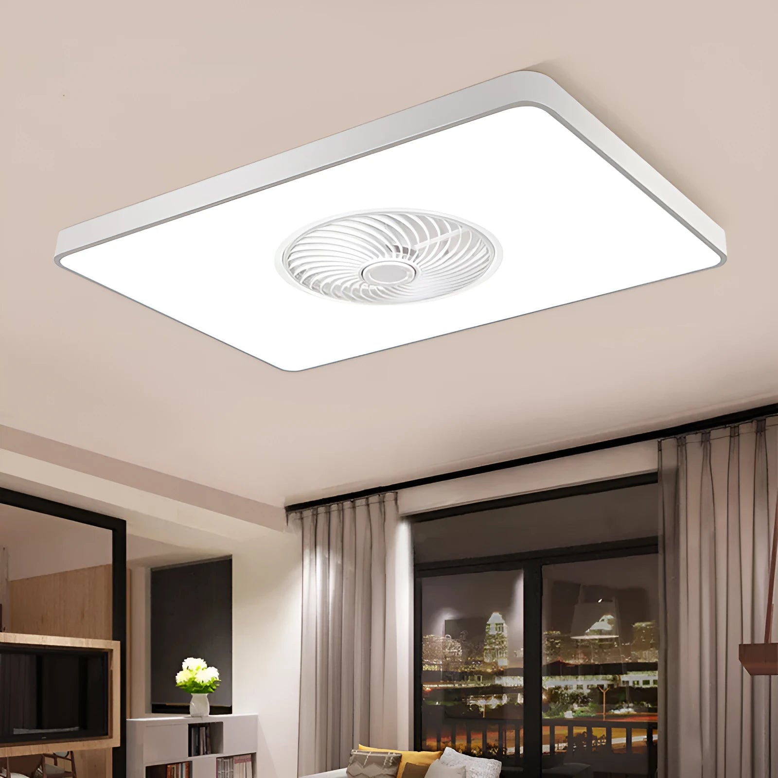 Nordic style ceiling fan with integrated light fixture in a solid wood housing, shown in rectangular, round, and square size options.