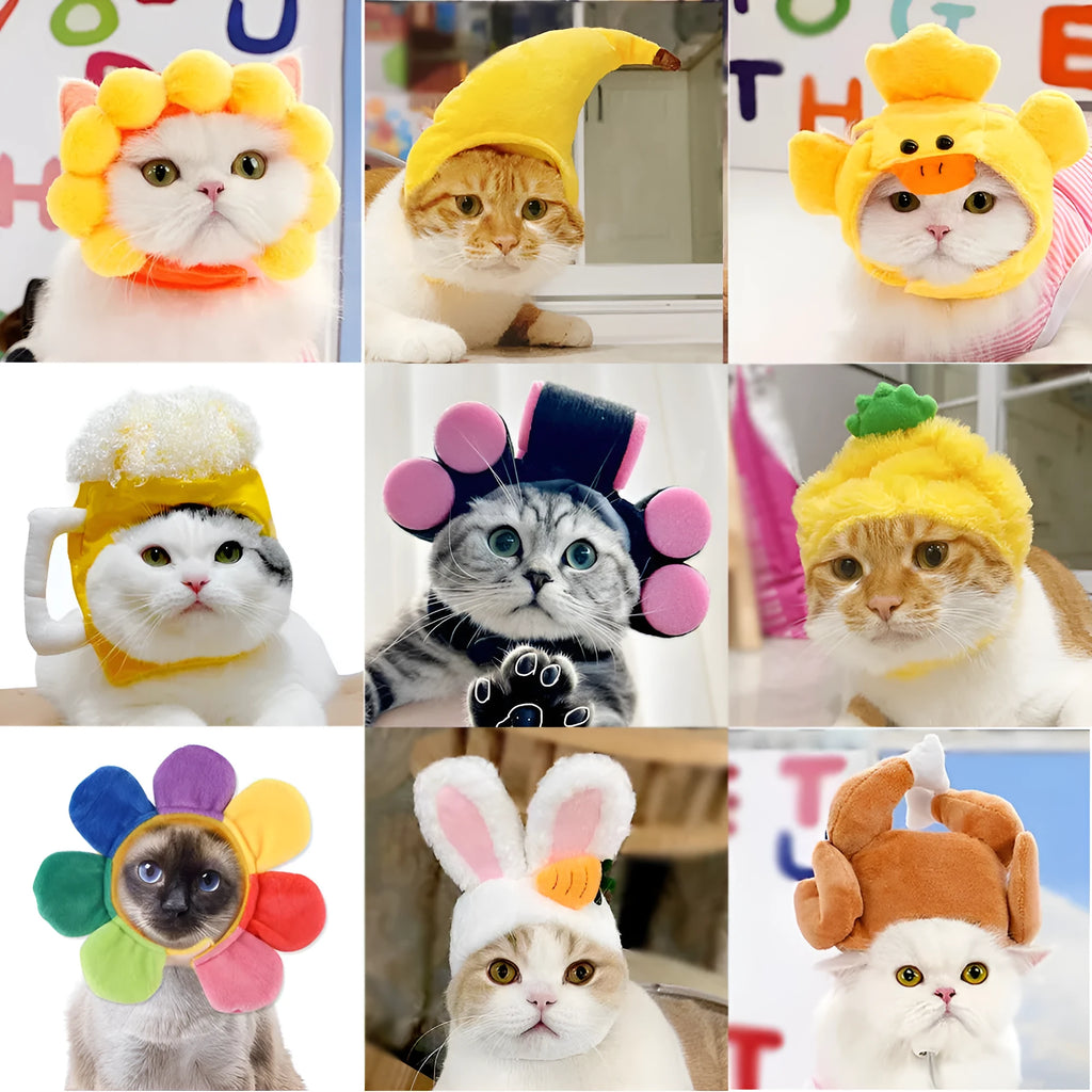 Sunflower embroidered cloth hat for cats on a white background.