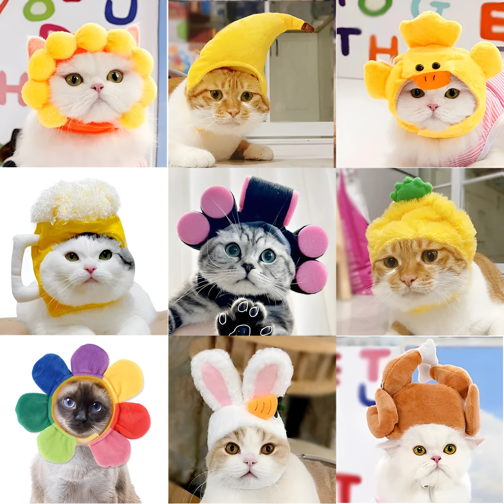Sunflower embroidered cloth hat for cats on a white background.