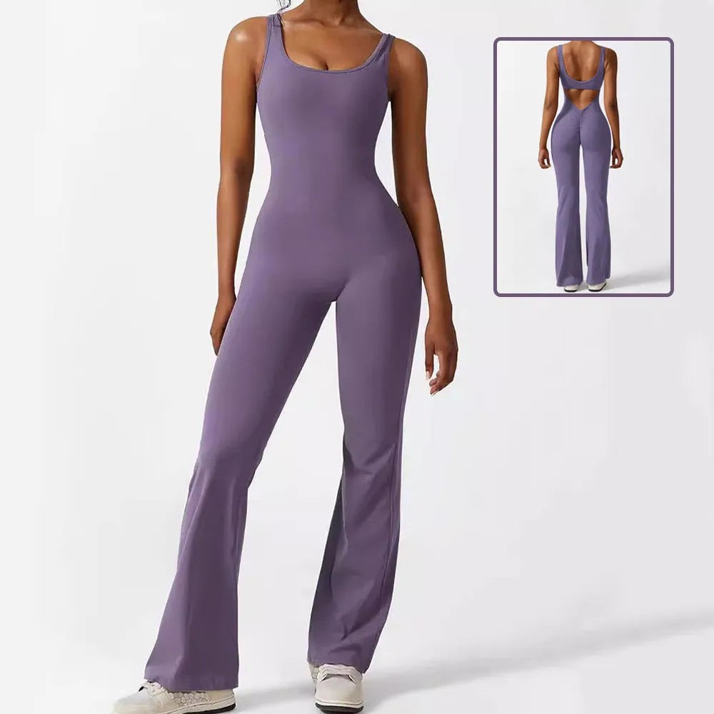 Women's sleeveless flare jumpsuit in high elasticity polyester for yoga, available in multiple colours and sizes.