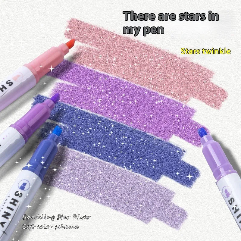 Sparkling Star River Highlighter with 4mm slanted tip and six glitter-infused ink colours including taro puff