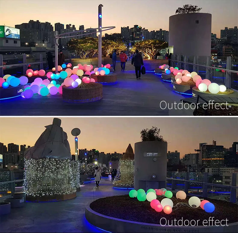 LED luminous ball floor lamp with remote control showing multiple colour options for outdoor landscape lighting