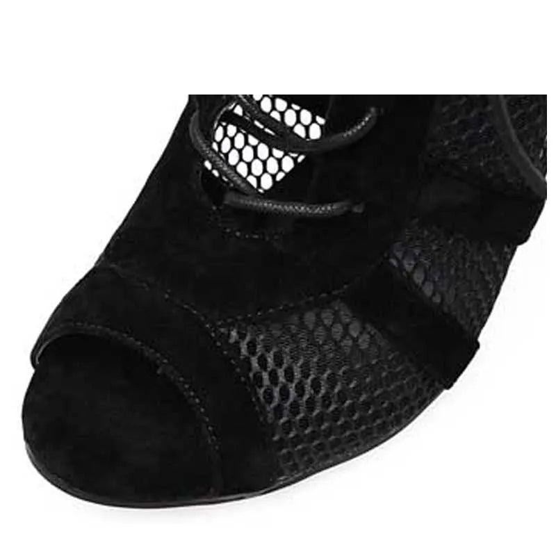 Black suede lace-up high heel women's shoes with 11.5cm heel and 1cm platform, showing adjustable laces and textured surface