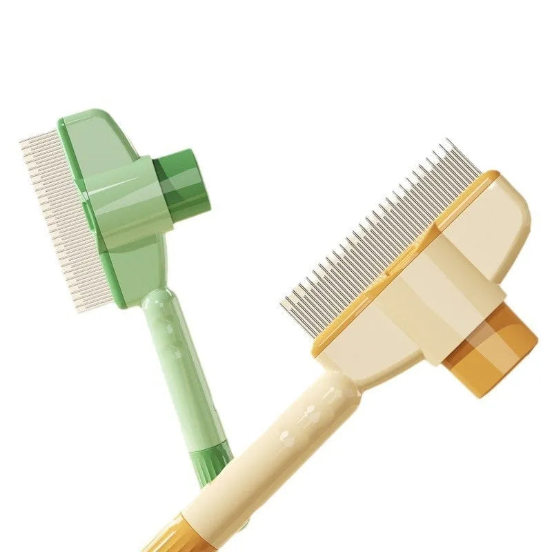 Green and yellow pet comb with stainless steel teeth and a self-cleaning release button.