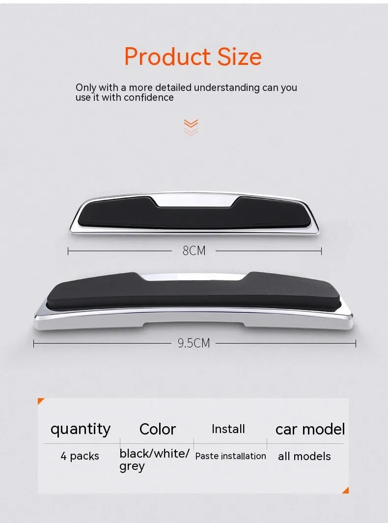 Black car door bumper strip set showing four 9.5cm plastic silicone protective mouldings
