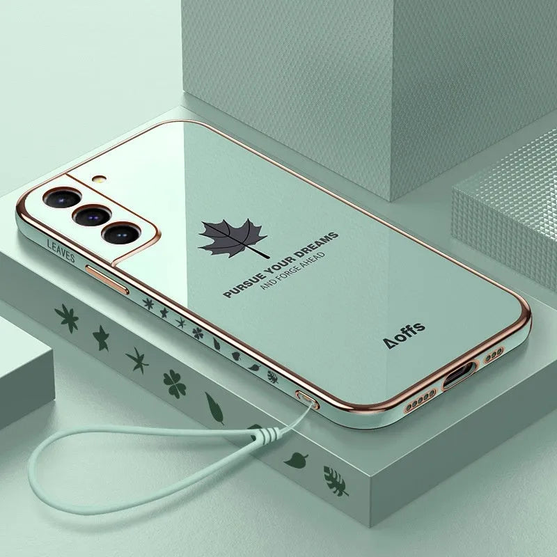 Straight edge electroplating TPU phone case with maple leaf design for Samsung, shown in white, black, lavender grey, mint green, and grass purple.