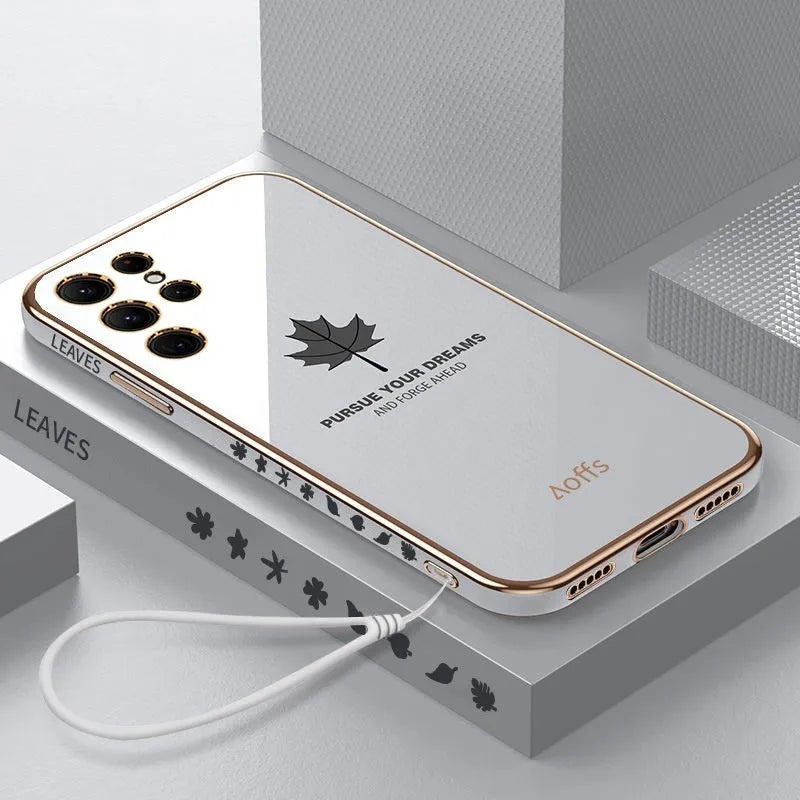 Straight edge electroplating TPU phone case with maple leaf design for Samsung, shown in white, black, lavender grey, mint green, and grass purple.