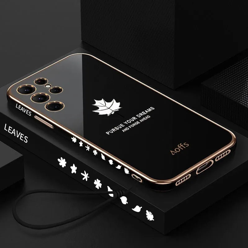 Straight edge electroplating TPU phone case with maple leaf design for Samsung, shown in white, black, lavender grey, mint green, and grass purple.