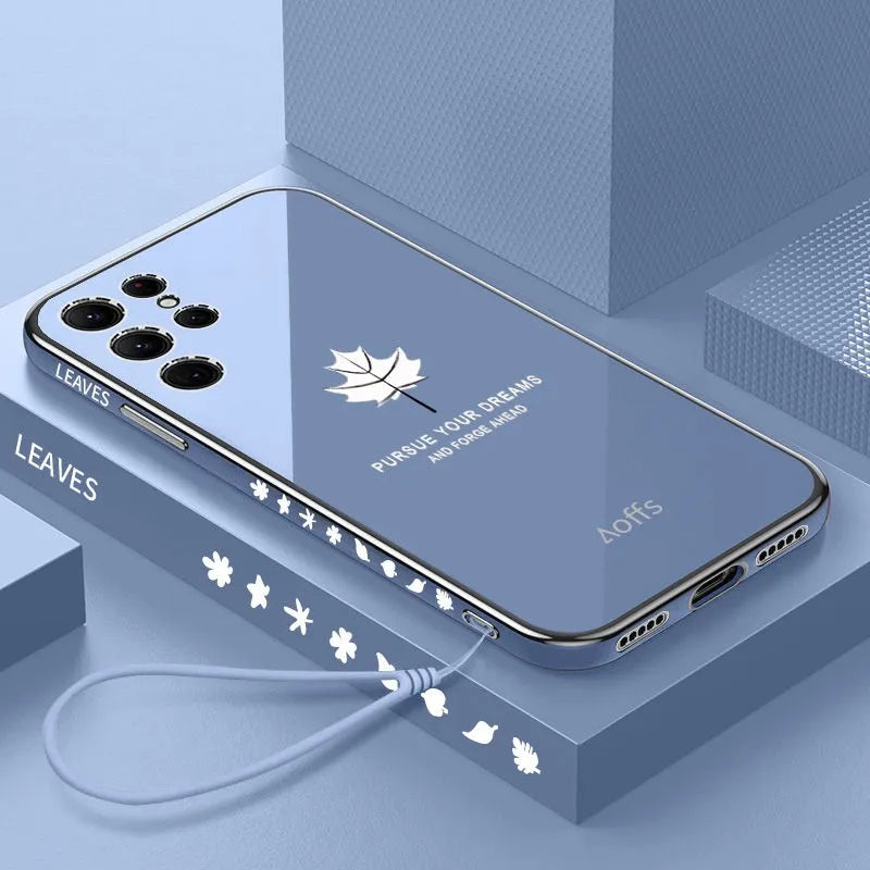 Straight edge electroplating TPU phone case with maple leaf design for Samsung, shown in white, black, lavender grey, mint green, and grass purple.