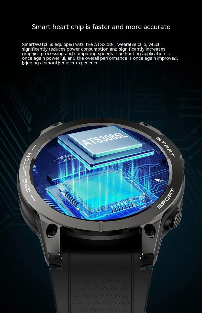 S53 Outdoor GPS Sports Call Smart Watch with black silicone band and 1.43-inch screen