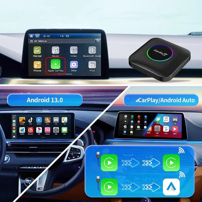 Square black wireless CarPlay conversion adapter box with data cables for car installation
