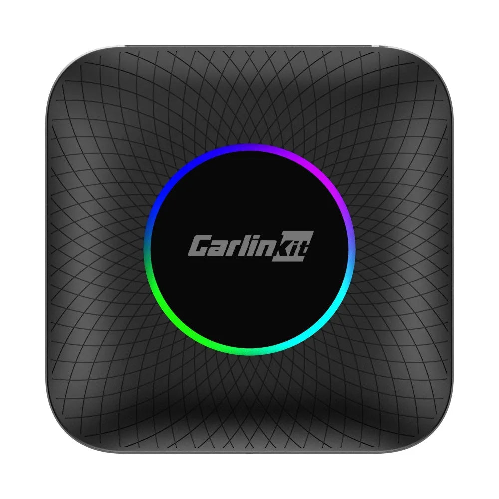 Square black wireless CarPlay conversion adapter box with data cables for car installation