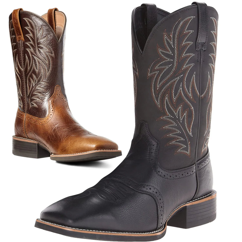 Black Western cowboy boot with high embroidery stitching, square toe, and low heel on a neutral background