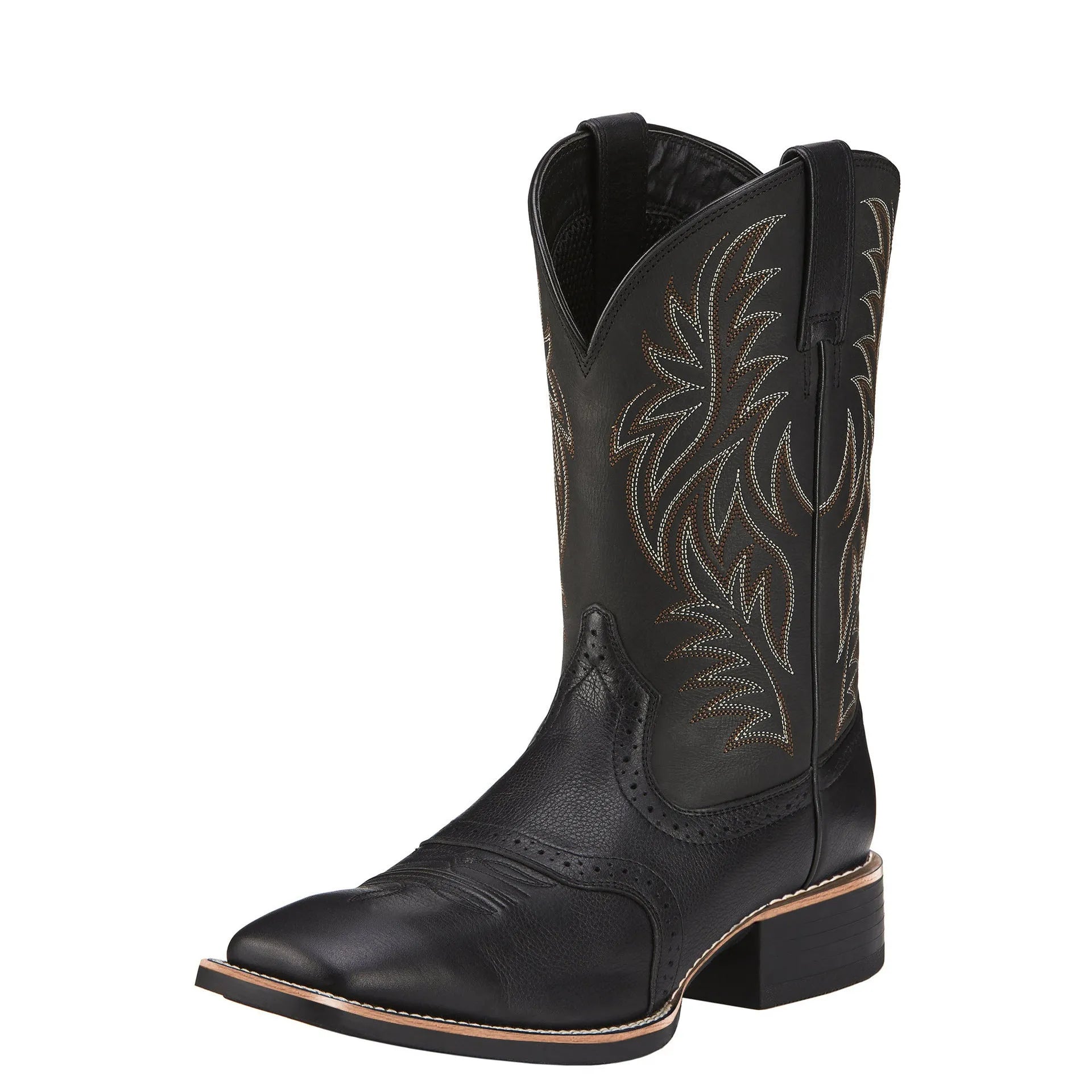 Black Western cowboy boot with high embroidery stitching, square toe, and low heel on a neutral background