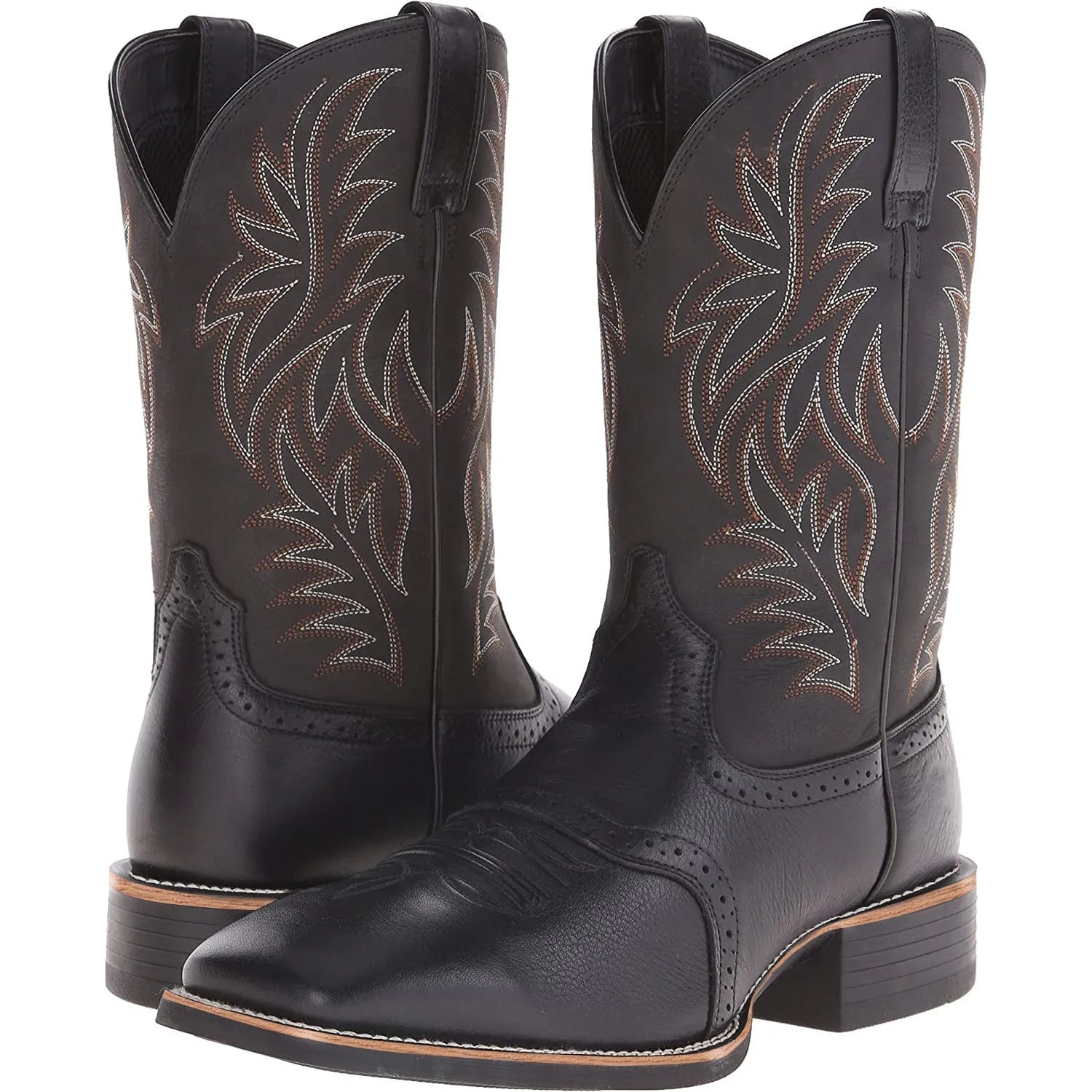 Black Western cowboy boot with high embroidery stitching, square toe, and low heel on a neutral background