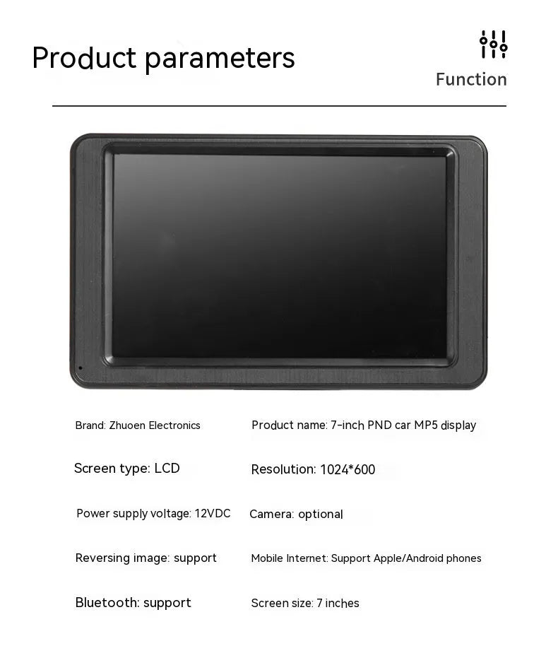 Black vehicle-mounted MP5 player with 7-inch LCD screen on dashboard bracket showing media playback interface