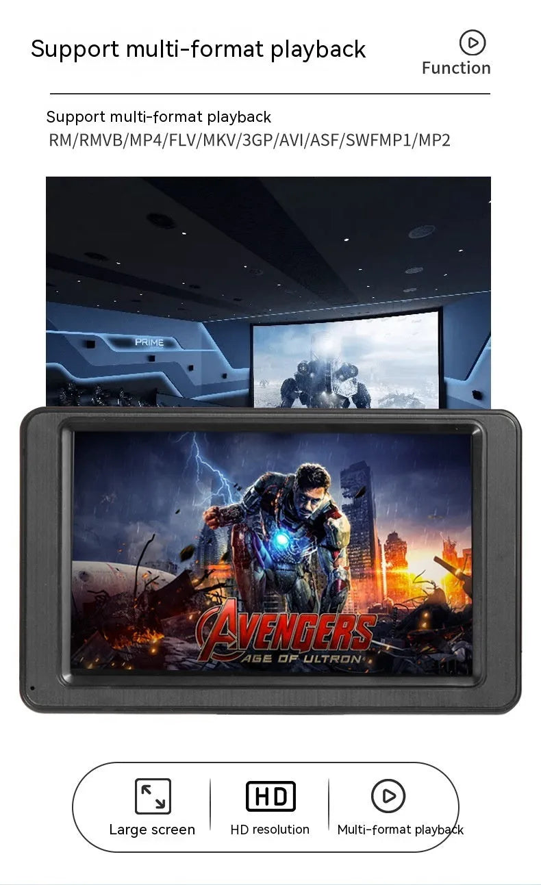 Black vehicle-mounted MP5 player with 7-inch LCD screen on dashboard bracket showing media playback interface