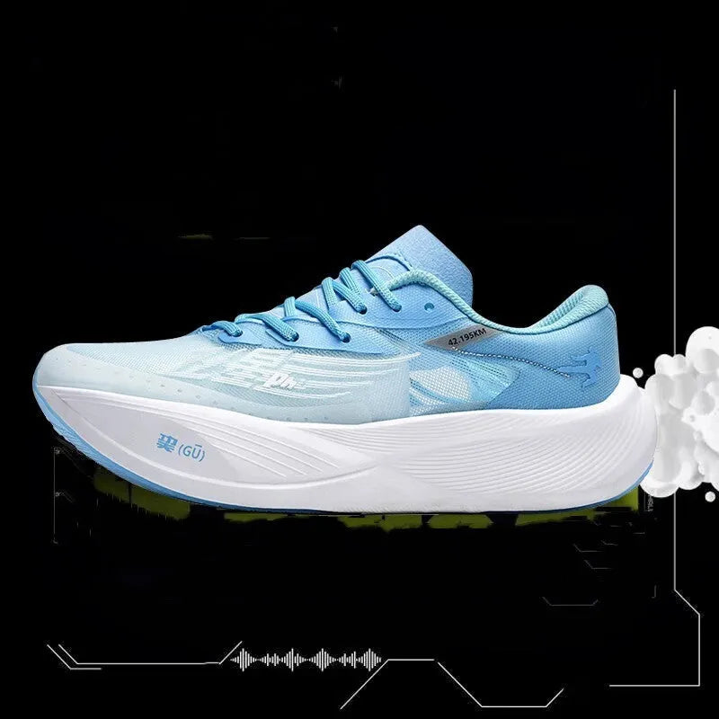 Racing carbon plate sneaker with natural rubber sole and PU mesh upper in glacier colour
