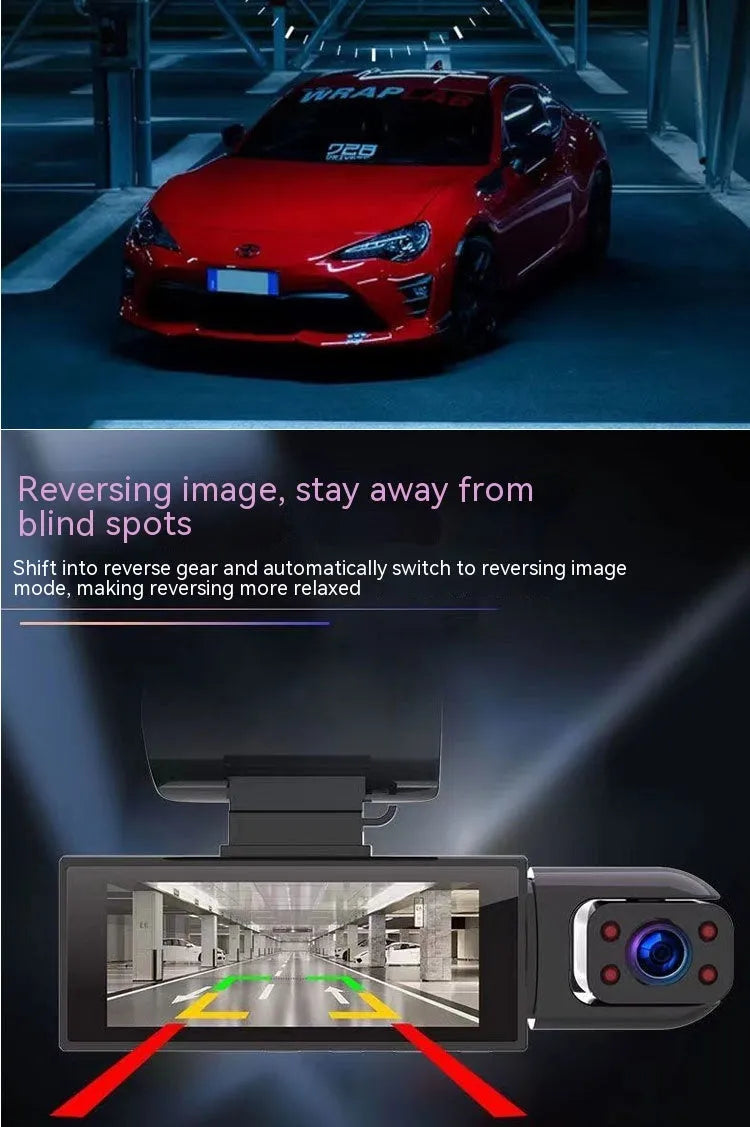 Dual-lens HD driving recorder with 3.5-inch LCD screen mounted in car