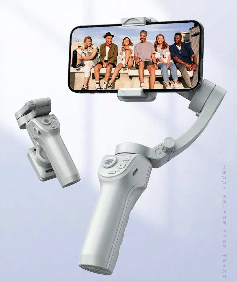 Grey ABS handheld three-axis anti-shake stabiliser with AI face tracking, fill light and camera strap